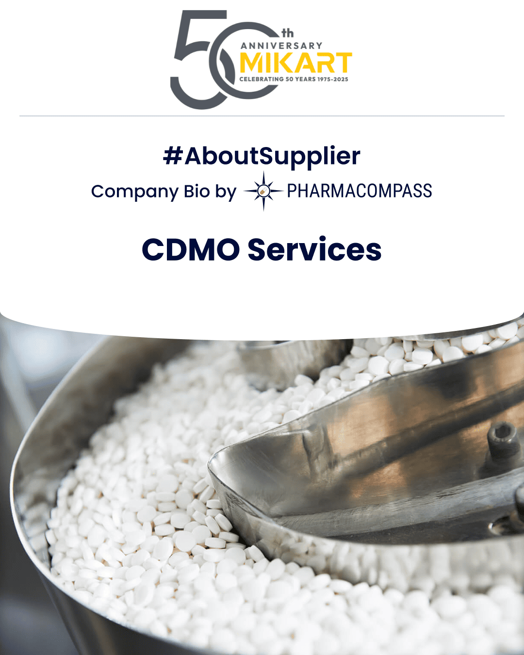 Overview of Mikart's CDMO services, such as controlled substance formulations, oral solids & non-sterile liquid dosage forms on PharmaCompass.