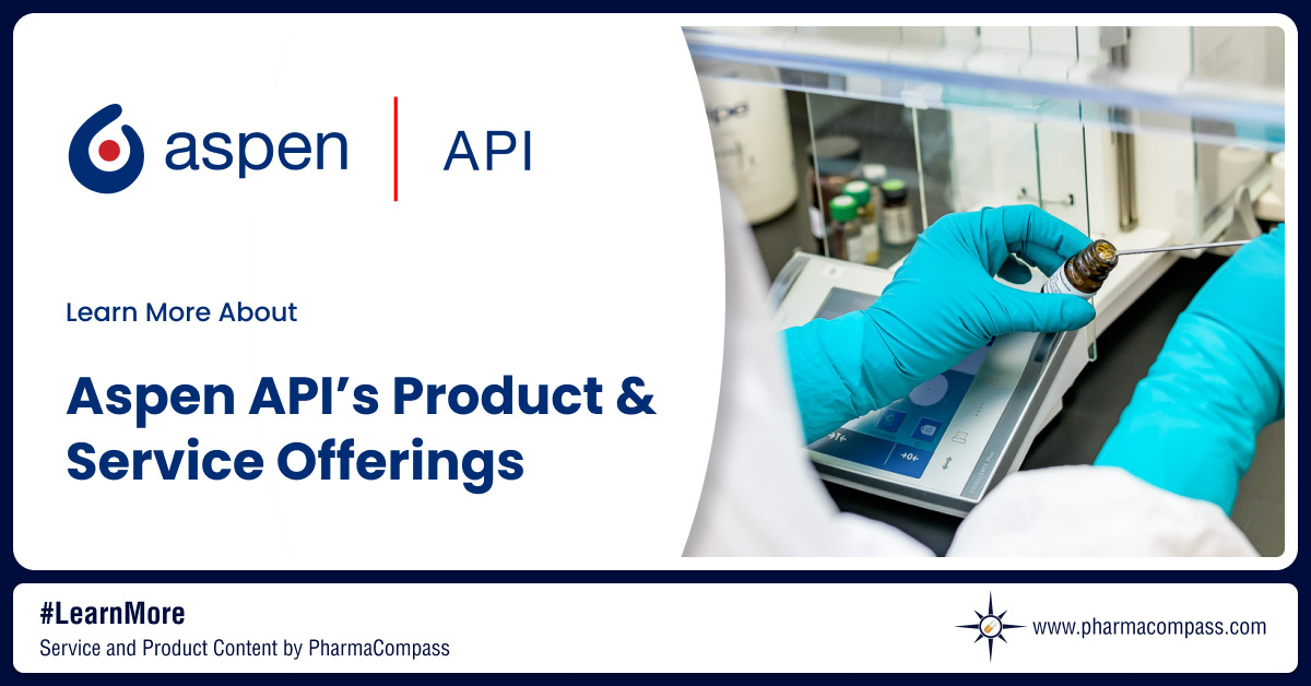View Aspen API`s portfolio of various APIs like peptide APIs, HPAPIs, narcotics & biochemical APIs & browse its CDMO services on PharmaCompass.