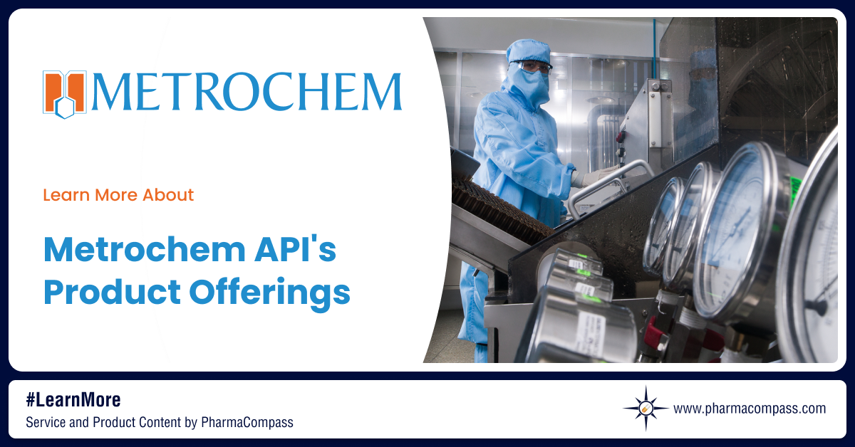 View Metrochem API`s portfolio of APIs, Intermediates & Pellets (Semi-finished formulations) & explore Metrochem`s R&D activities on PharmaCompass.