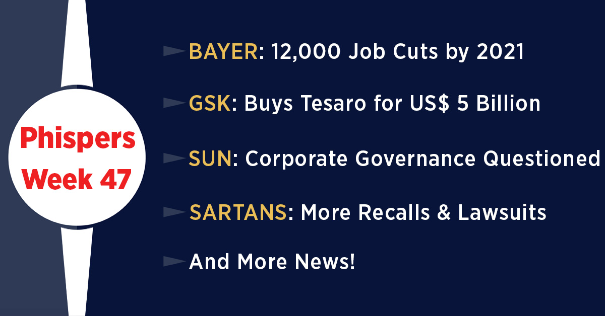 Bayer to cut 12,000 jobs; GSK buys cancer drugmaker Tesaro for US$ 5 billion