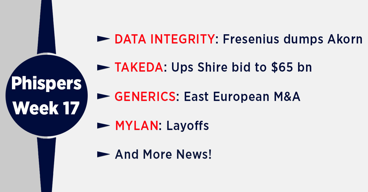 Takeda to buy Shire for US$ 65 billion; Fresenius dumps Akorn over data-integrity concerns