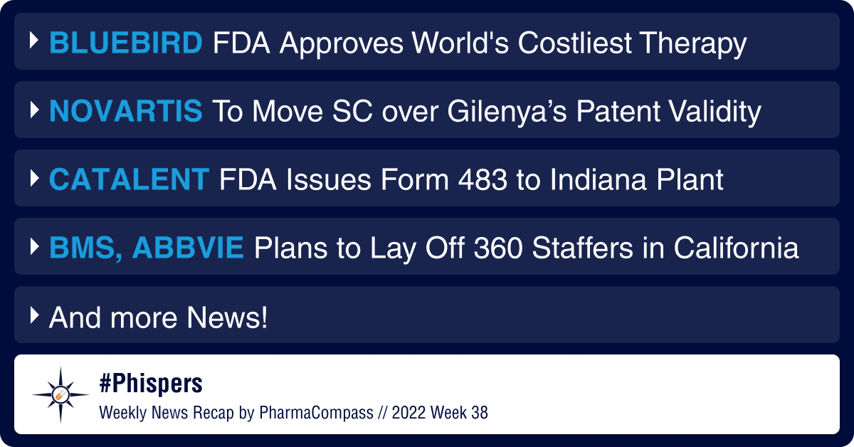 Bluebird ousts its own gene therapy approved last month as world’s costliest; Catalent hit by FDA’s Form 483