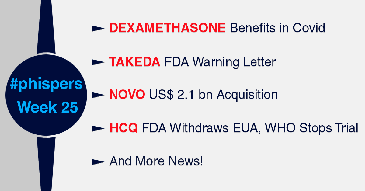 Dexamethasone benefits severely ill Covid patients; FDA warning letter to Takeda’s sterile operations in Japan