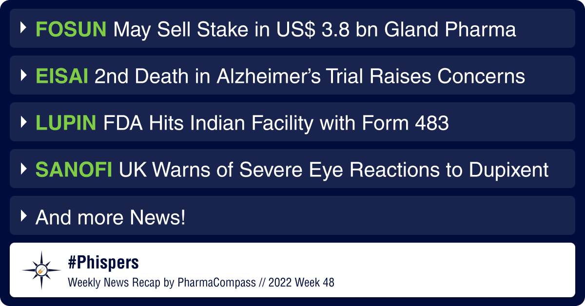 Fosun mulls stake sale in Gland Pharma; second death in Eisai’s Alzheimer’s trial raises concerns