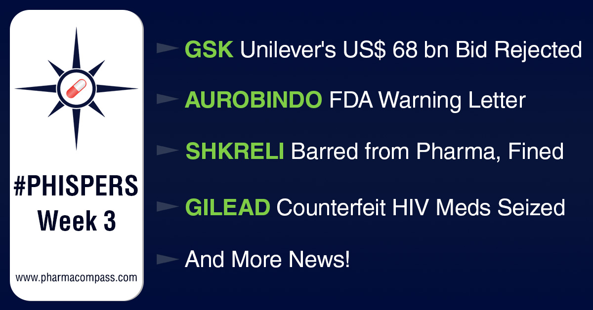 GSK rejects Unilever’s US$ 68.4 billion offer for consumer healthcare unit; FDA issues warning letter to Aurobindo