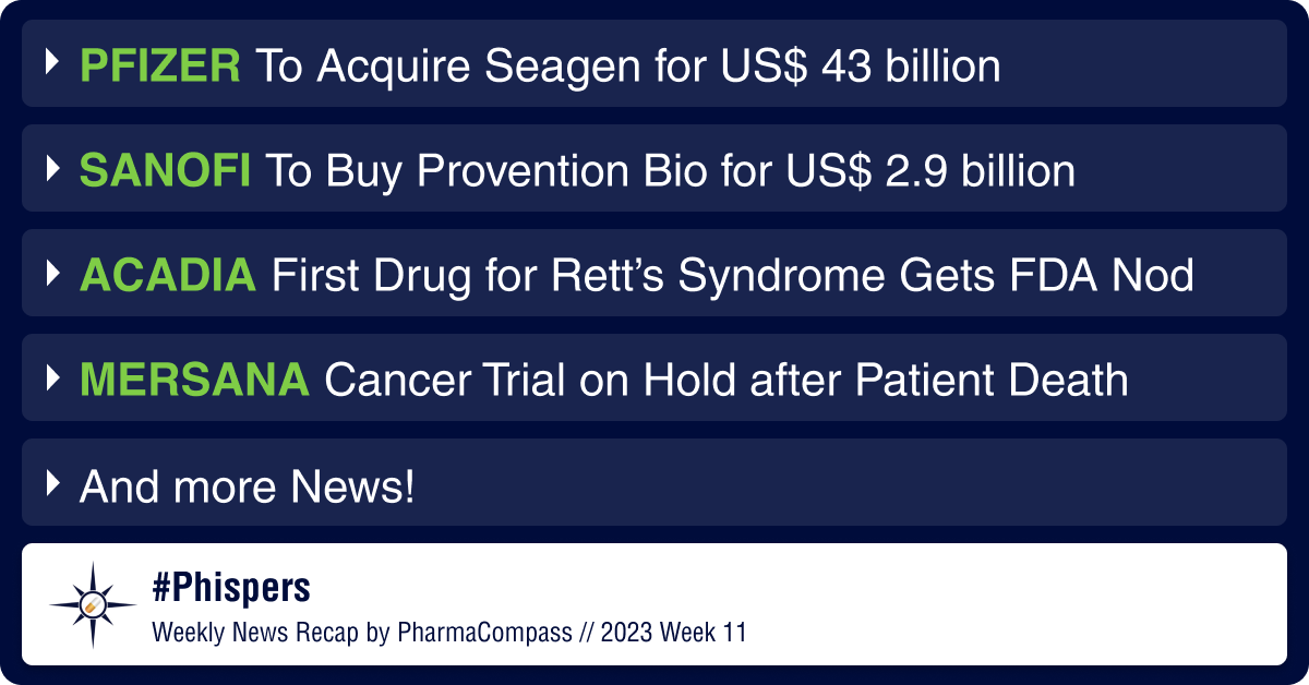 Pfizer to buy Seagen for US$ 43 bn; Sanofi to acquire Provention Bio for type 1 diabetes med