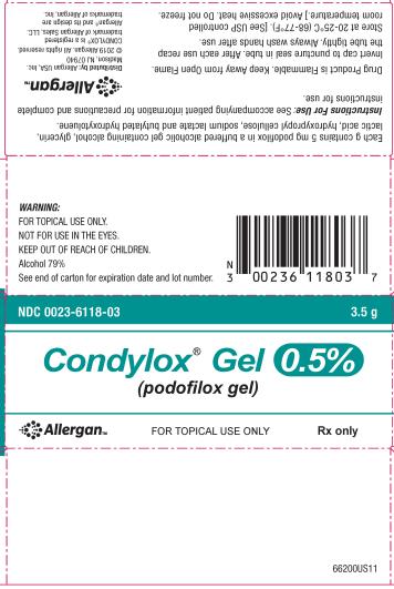 PRINCIPAL DISPLAY PANEL NDC 0023-6118-03 3.5 g Condylox® Gel 0.5% (podofilox gel) Allergan™ FOR TOPICAL USE ONLY Rx only
