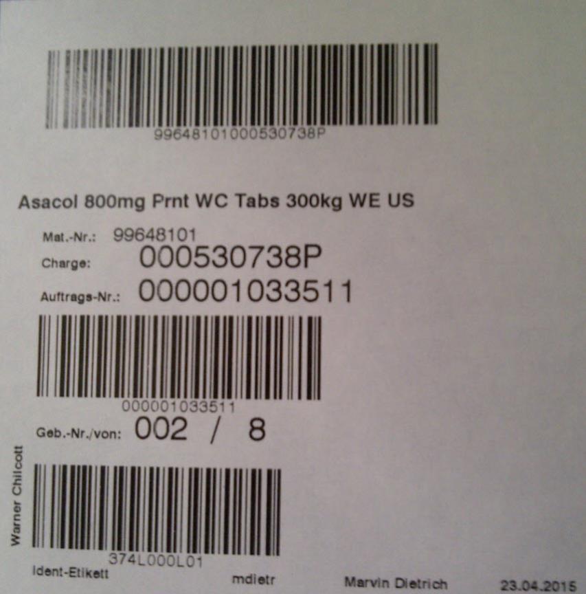 BULK PACKAGE/LABEL PRINCIPAL DISPLAY PANEL Asacol 800mg Prnt WC Tabs 300kg WE US