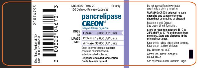 NDC 0032-0046-70 100 Delayed-Release Capsules Rx only pancrelipase CREON® Delayed-Release Capsules DOSE BY LIPASE UNITS:  Lipase 6,000 USP Units  Protease 19,000 USP Units  Amylase 30,000 USP Units Each delayed-release capsule contains pancrelipase in enteric-coasted spheres. Dispense enclosed Medication Guide to each patient.