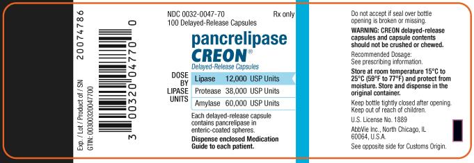 NDC 0032-0047-70 100 Delayed-Release Capsules Rx only pancrelipase CREON® Delayed-Release Capsules DOSE BY LIPASE UNITS:  Lipase 12,000 USP Units  Protease 38,000 USP Units  Amylase 60,000 USP Units Each delayed-release capsule contains pancrelipase in enteric-coasted spheres. Dispense enclosed Medication Guide to each patient.