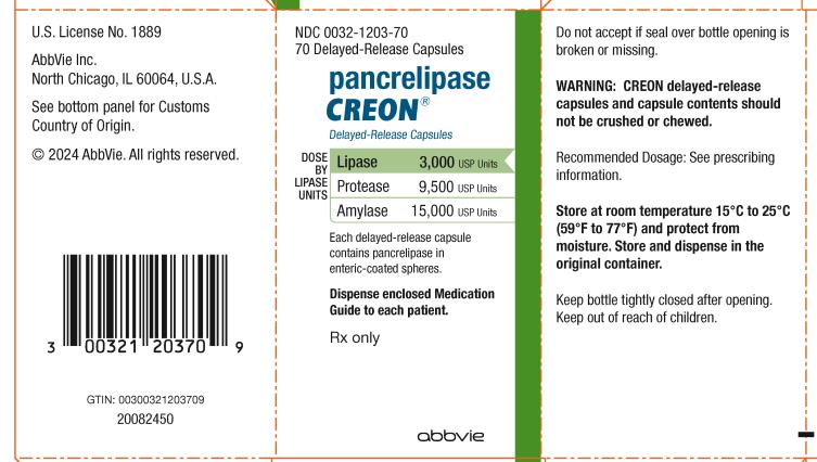 NDC 0032-1203-70  70 Delayed-Release Capsules  Pancrelipase CREON®   Delayed-Release Capsules  DOSE BY LIPASE UNITS:  Lipase 3,000 USP Units  Protease 9,500 USP Units  Amylase 15,000 USP Units  Each delayed-release capsule contains pancrelipase in  enteric-coated spheres.  Dispense enclosed Medication  Guide to each patient. Rx only  abbvie