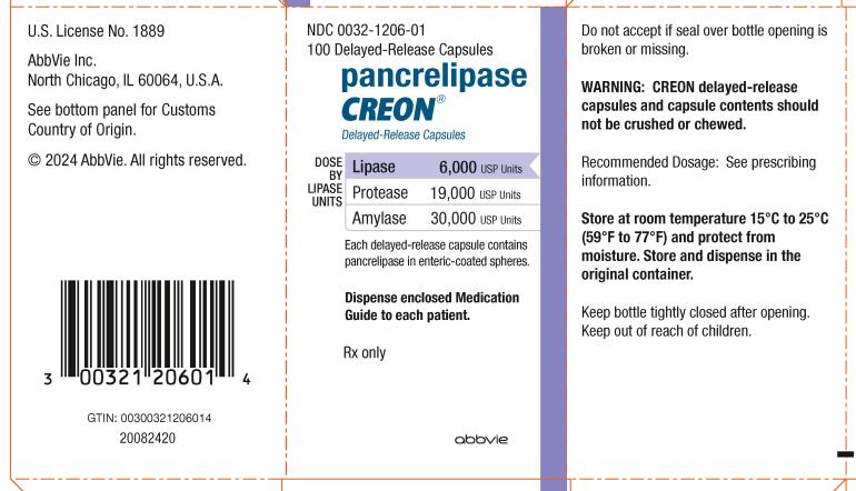 NDC 0032-1206-01 100 Delayed-Release Capsules  pancrelipase  CREON®   Delayed-Release Capsules  DOSE BY LIPASE UNITS:  Lipase 6,000 USP Units Protease 19,000 USP Units Amylase 30,000 USP Units  Each delayed-release capsule contains  pancrelipase in enteric-coated spheres.  Dispense enclosed Medication Guide to each patient. Rx only  abbvie