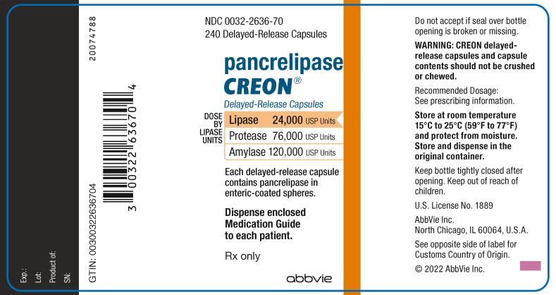 NDC 0032-2636-70 240 Delayed-Release Capsules Pancrelipase CREON® Delayed-Release Capsules DOSE BY LIPASE UNITS: Lipase 24,000 USP Units Protease 76,000 USP Units Amylase 120,000 USP Unites Each delayed-release capsule contains pancrelipase in enteric-coasted spheres. Dispense enclosed Medication Guide to each patient. Rx only Abbvie