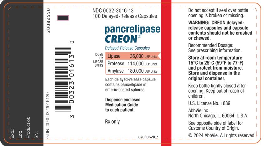 NDC 0032-3016-13 100 Delayed-Release Capsules pancrelipase CREON® Delayed-Release Capsules CREON® (pancrelipase)  Delayed-Release Capsules  DOSE BY LIPASE UNITS:  Lipase 36,000 USP Units  Protease 114,000 USP Units  Amylase 180,000 USP Units  Each delayed-release capsule  contains pancrelipase in  enteric-coated spheres.  Dispense enclosed  Medication Guide  to each patient. Rx only  abbvie