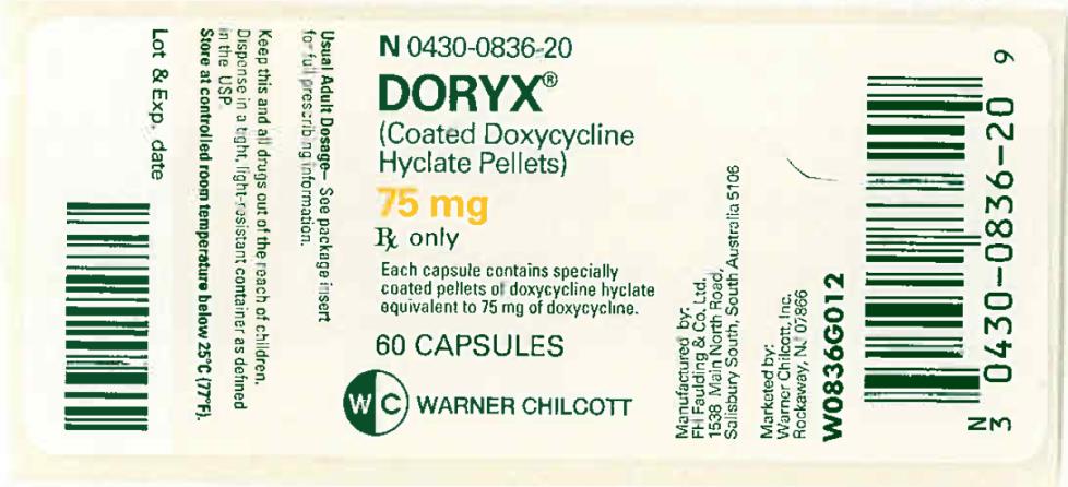 PRINCIPAL DISPLAY PANEL NDC 0430-0836-20 DORYX (Coated Doxycycline  Hyclate Pellets) 75 mg 60 Capsules Rx Only