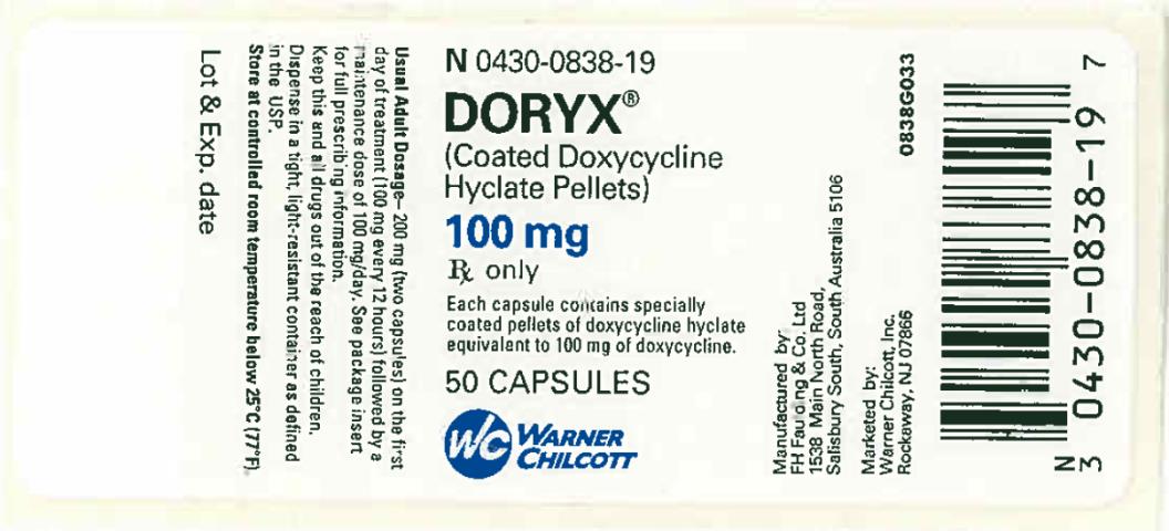 PRINCIPAL DISPLAY PANEL NDC 0430-0838-19 DORYX (Coated Doxycycline  Hyclate Pellets) 100 mg 50 Capsules Rx Only