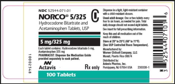 PRINCIPAL DISPLAY PANEL NDC 52544-071-01 NORCO 5/325 5 mg/325 mg 100 Tablets Rx Only
