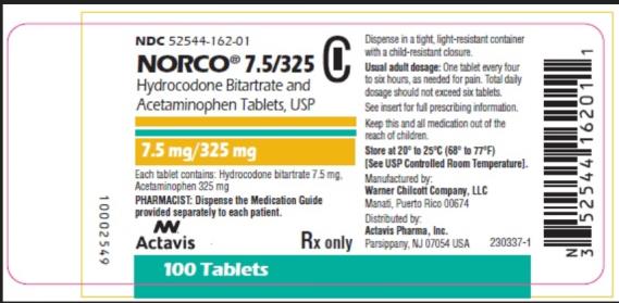 PRINCIPAL DISPLAY PANEL NDC 52544-062-01 NORCO 7.5/325 7.5 mg/325 mg 100 Tablets Rx Only