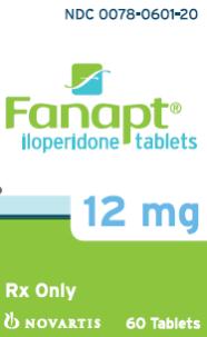 PRINCIPAL DISPLAY PANEL\nPackage Label â€“ 12 mg\nRx Only		NDC 0078-0601-20\nFanaptÂ® \nIloperidone tablets\n12 mg\n60 Tablets\n