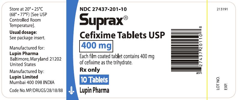 SUPRAX CEFIXIME TABLETS USP 400 mg Rx only        NDC 27437-201-10 - 10 Tablets Bottle Pack