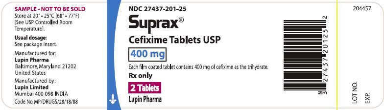 SUPRAX CEFIXIME TABLETS USP 400 mg Rx only        NDC 27437-201-10 - 10 Tablets Bottle Pack