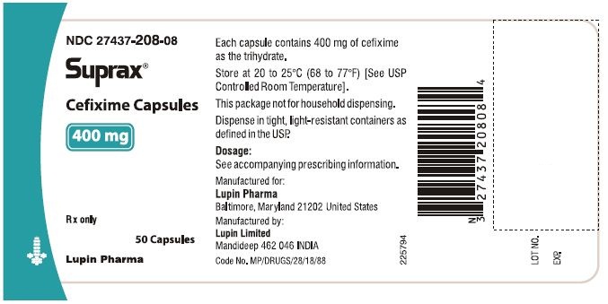 SUPRAX CEFIXIME TABLETS USP 400 mg Rx only        NDC 27437-201-10 - 10 Tablets Bottle Pack