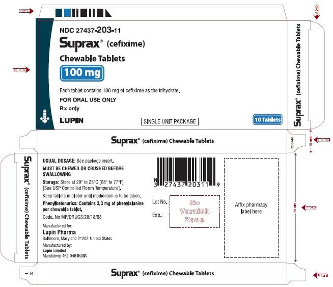 SUPRAX CEFIXIME TABLETS USP 400 mg Rx only        NDC 27437-201-10 - 10 Tablets Bottle Pack