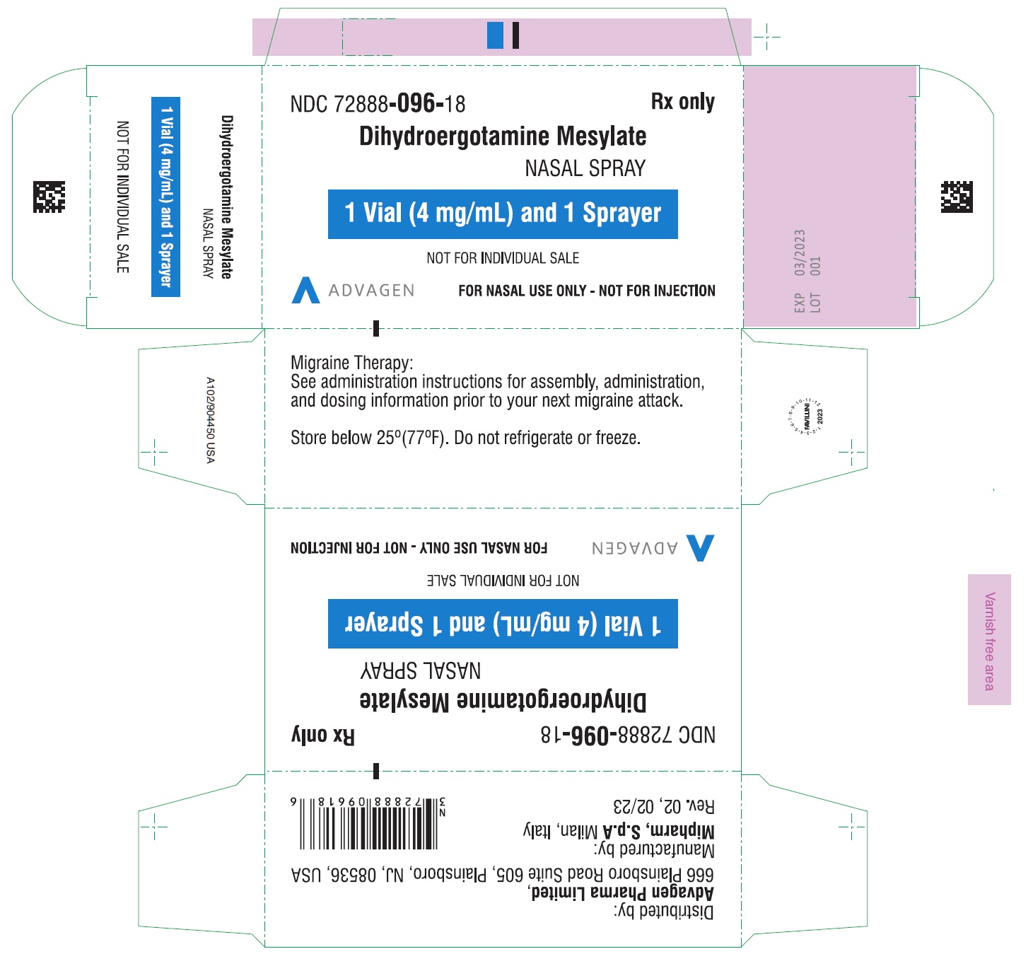 Dihydroergotamine Mesylate Nasal Spray - NDC 72888096-18 - Single Carton Label