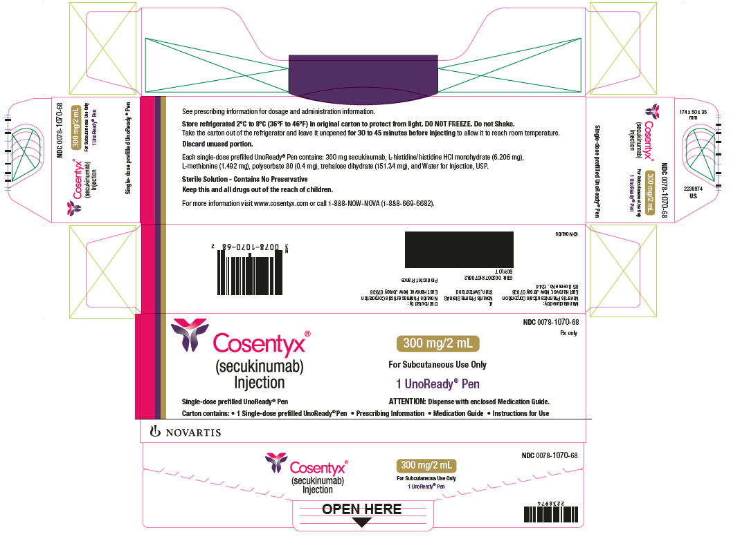 PRINCIPAL DISPLAY PANEL         NDC 0078-1070-68         Rx only         Cosentyx®         (secukinumab)         Injection         Single-dose prefilled UnoReady® Pen         300 mg/2 mL         For Subcutaneous Use Only         1 UnoReady® Pen         ATTENTION: Dispense with enclosed Medication Guide.         Carton contains: • 1 Single-dose prefilled UnoReady® Pen • Prescribing Information • Medication Guide • Instructions for Use         NOVARTIS