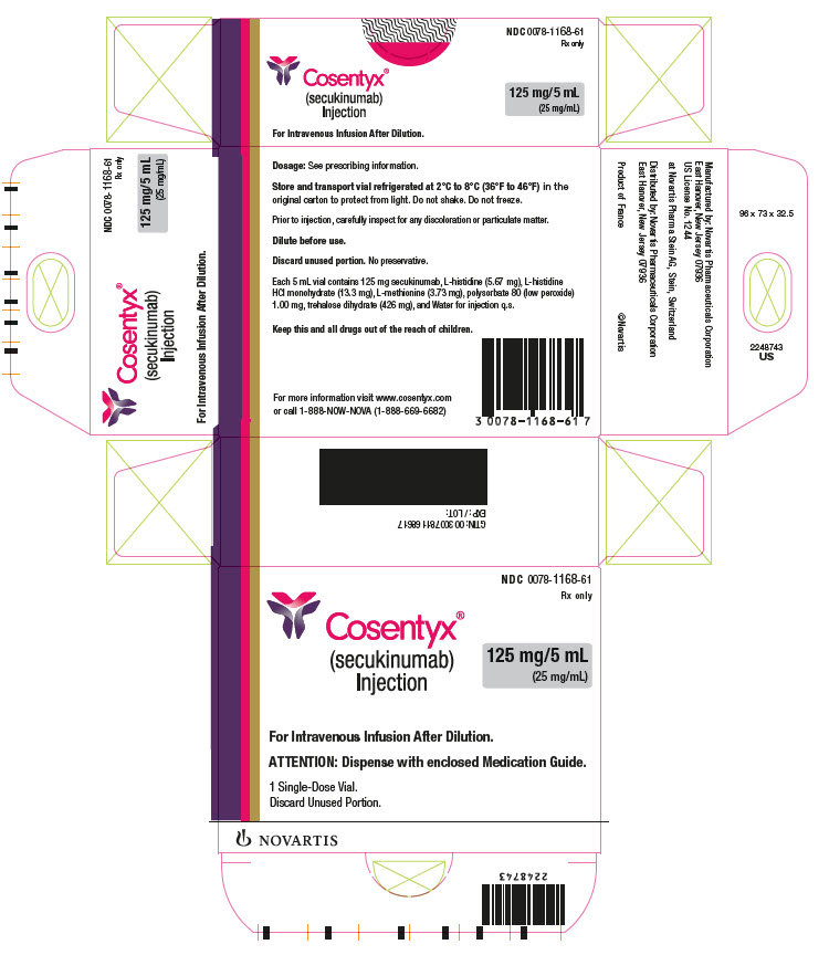 PRINCIPAL DISPLAY PANEL         NDC 0078-1168-61         Rx only         Cosentyx®         (secukinumab)         Injection         125 mg/5 mL         (25 mg/mL)         For Intravenous Infusion After Dilution.         1 Single-Dose Vial.         Discard Unused Portion.         NOVARTIS
