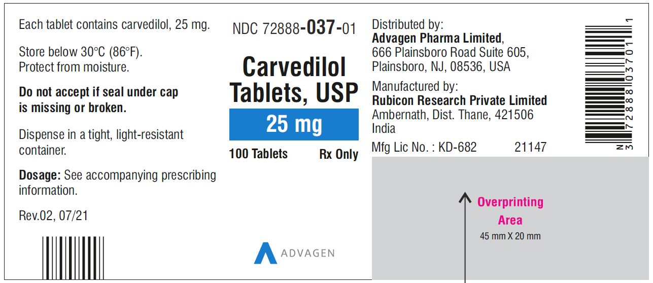 Carvedilol Tablets USP, 3.125 mg - NDC 72888-034-30 - 30 Tablets Container Label