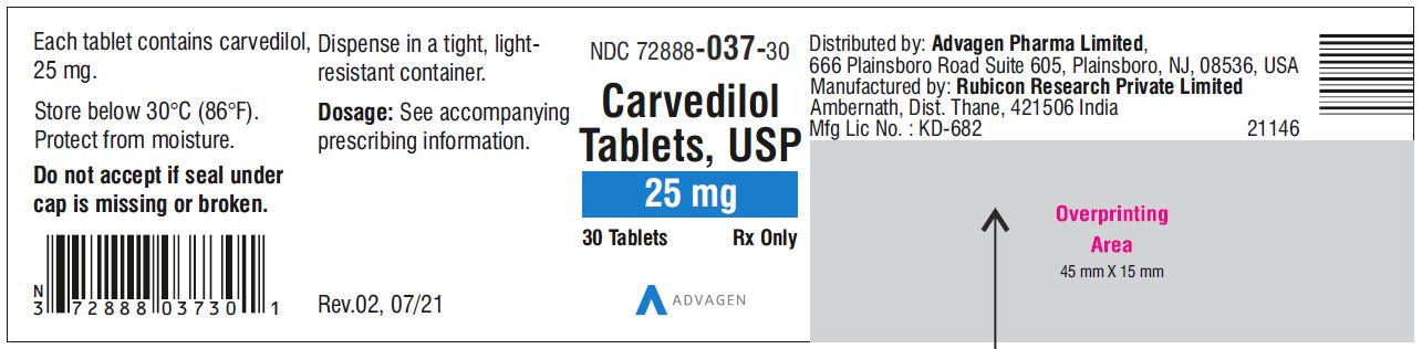 Carvedilol Tablets USP, 3.125 mg - NDC 72888-034-30 - 30 Tablets Container Label