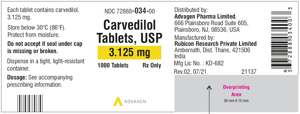 Carvedilol Tablets USP, 3.125 mg - NDC 72888-034-30 - 30 Tablets Container Label