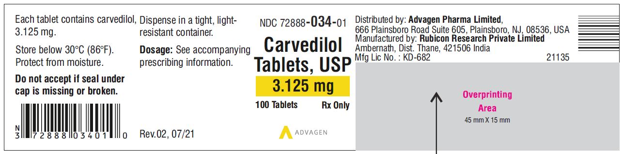 Carvedilol Tablets USP, 3.125 mg - NDC 72888-034-30 - 30 Tablets Container Label