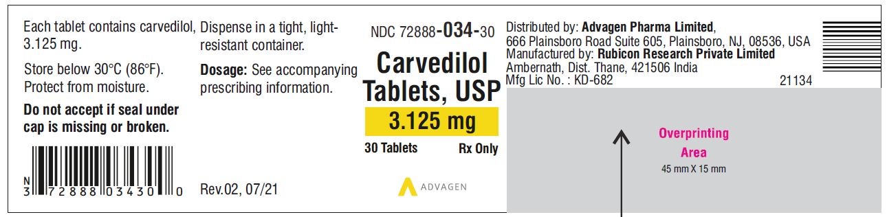 Carvedilol Tablets USP, 3.125 mg - NDC 72888-034-30 - 30 Tablets Container Label