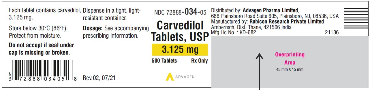 Carvedilol Tablets USP, 3.125 mg - NDC 72888-034-30 - 30 Tablets Container Label