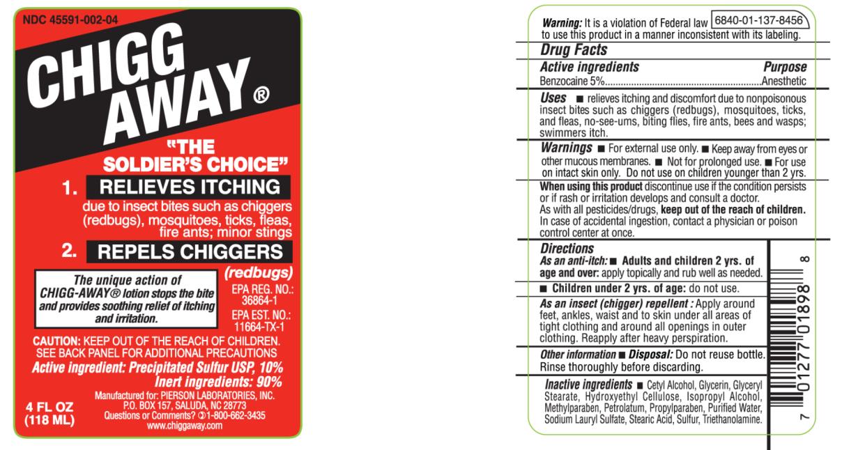 PRINCIPAL DISPLAY PANEL NDC 45591-002-04 CHIGG AWAY RELIEVES ITCHING REPELS CHIGGERS 4 FL OZ (118 ML)