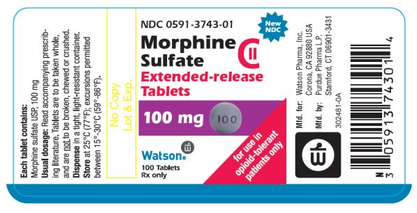 PRINCIPAL DISPLAY PANEL NDC 0591-3743-01 Morphine Sulfate CII 100mg for use in opioid-tolerant patients only
