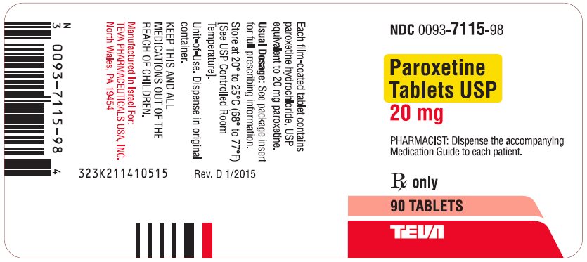 Paroxetine Tablets USP 20 mg 90s Label