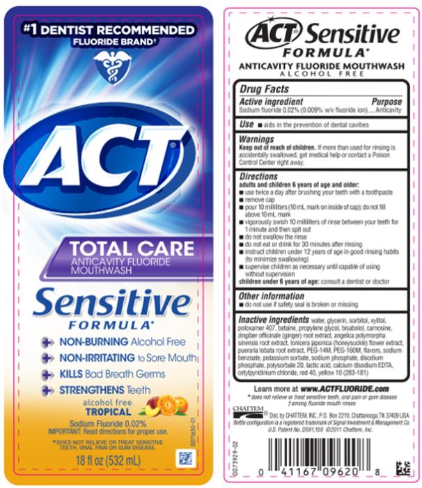 #1 DENTIST RECOMMENDED FLUORIDE BRAND ACT®  TOTAL CARE ANTICAVITY FLUORIDE MOUTHWASH Sensitive FORMULA alcohol free Tropical Sodium Fluoride 0.02% 18 fl oz (532 mL)