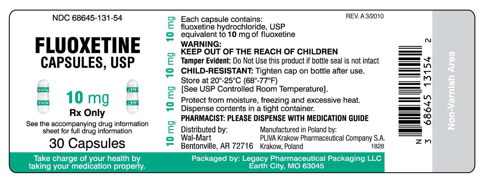 NDC 68645-131-54 Fluoxetine Capsules, USP 10mg Rx Only 30 Capsules