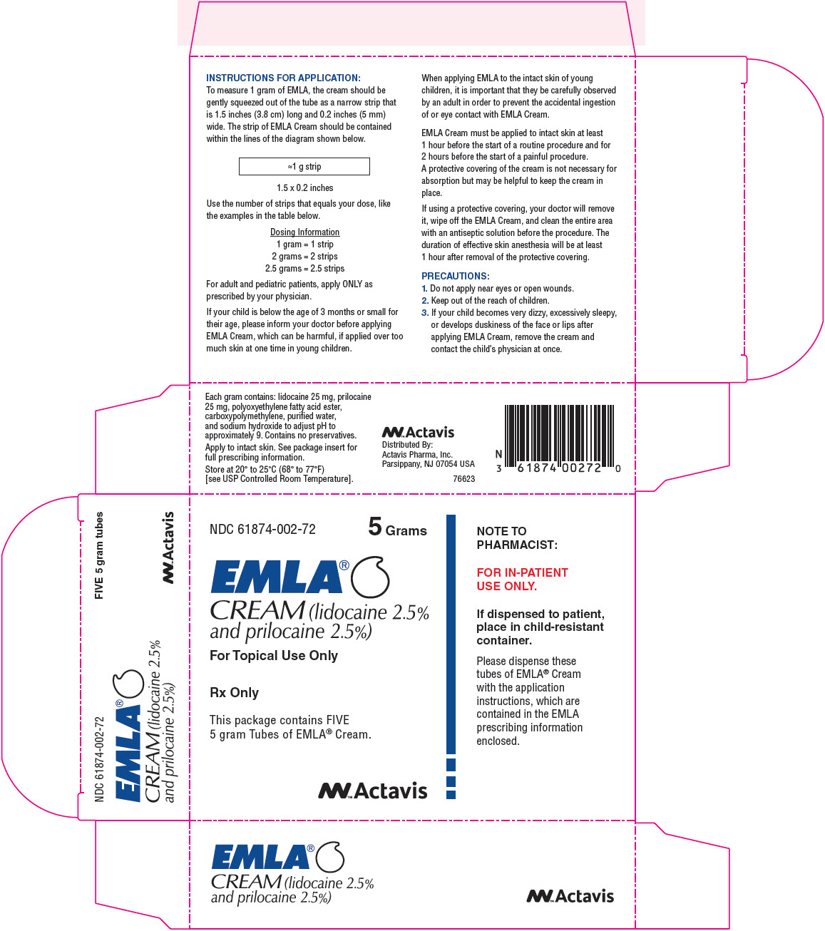 NDC 61874-002-72 5 Grams EMLA® CREAM (lidocaine 2.5% and prilocaine 2.5%) For Topical Use Only Rx only