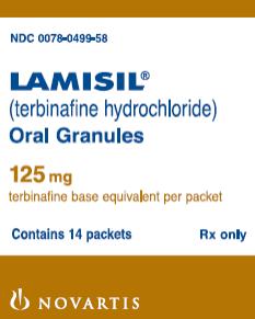 PRINCIPAL DISPLAY PANEL\nPackage Label â€“ 125 mg\nRx Only		NDC 0078-0499-58\nLamisilÂ® (terbinafine hydrochloride)\nOral Granules\n125 mg\nterbinafine base equivalent per packet\nContains 14 packets