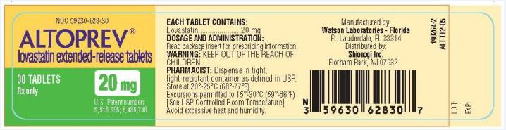 NDC 59630-628-30 ALTOPREVÂ® lovastatin extended-release tablets 30 TABLETS 20 mg Rx only U.S. Patent numbers 5,916,595; 6,485,748