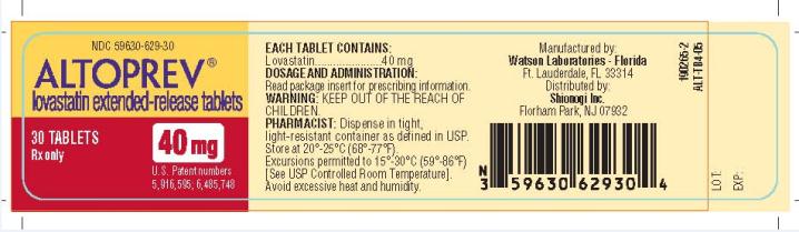NDC 59630-629-30 ALTOPREVÂ® lovastatin extended-release tablets 30 TABLETS 40 mg Rx only U.S. Patent numbers 5,916,595; 6,485,748