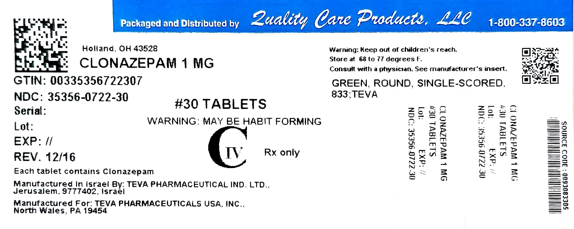 Clonazepam 1mg Teva 833