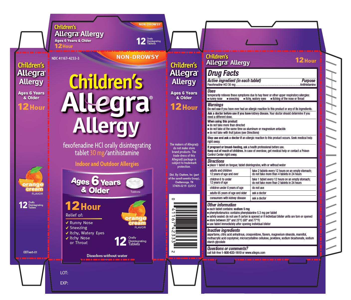 NDC 41167-4233-3 NON-DROWSY Childrenâ€™s AllegraÂ® Allergy fexofenadine HCl orally disintegrating tablets 30 mg/antihistamine Indoor and Outdoor Allergies Orange Cream flavored 12 Orally Disintegrating Tablets