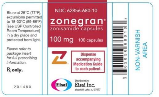 NDC 62856-680-10\nZonegran\nzonisamide Capsules\n100 mg\n100 Capsules\nRx Only\n